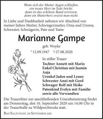 Traueranzeige von Marianne Gampe von Südthüringer Presse