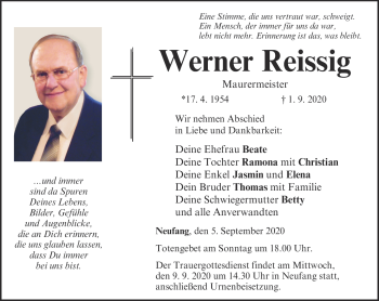 Traueranzeige von Werner Reissig von Neue Presse Coburg