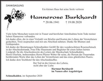 Traueranzeige von Hannerose Burkhardt von Südthüringer Presse
