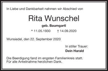Traueranzeige von Rita Wunschel von Frankenpost