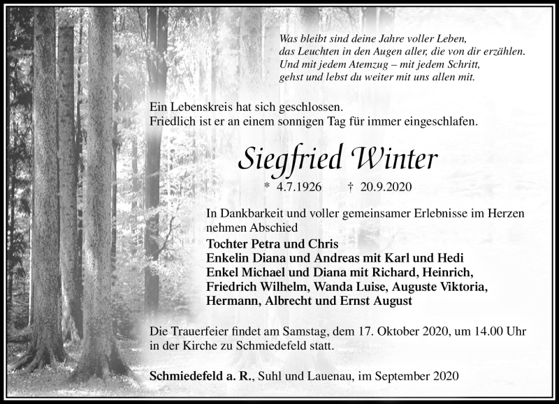  Traueranzeige für Siegfried Winter vom 26.09.2020 aus Südthüringer Presse