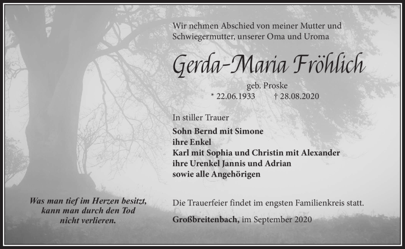  Traueranzeige für Gerda-Maria Fröhlich vom 12.09.2020 aus Südthüringer Presse