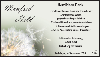 Traueranzeige von Manfred Held von Südthüringer Presse