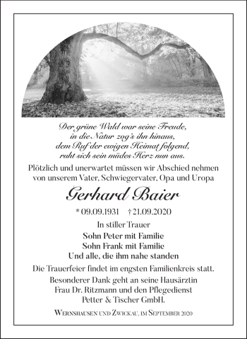 Traueranzeige von Gerhard Baier von Südthüringer Presse