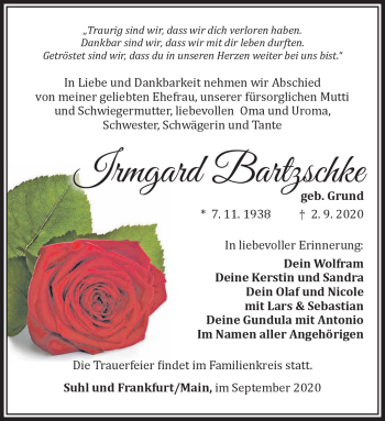 Traueranzeige von Irmgard Bartzschke von Südthüringer Presse