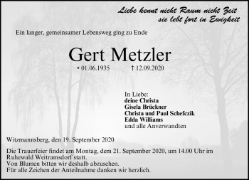 Traueranzeige von Gert Metzler von Neue Presse Coburg
