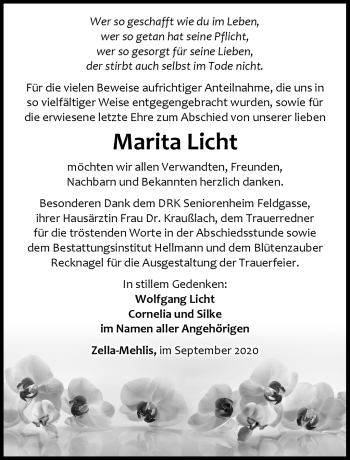 Traueranzeige von Marita Licht von Südthüringer Presse