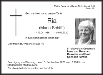 Traueranzeige von Maria Schiffl von Frankenpost