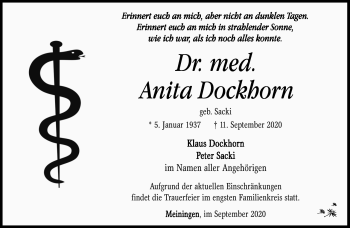 Traueranzeige von Anita Dockhorn von Südthüringer Presse