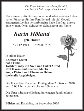 Traueranzeige von Karin Höland von Südthüringer Presse