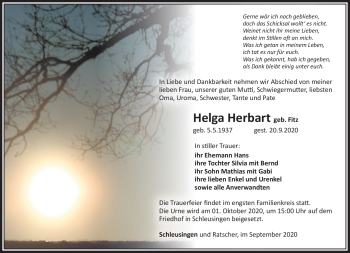 Traueranzeige von Helga Herbart von Südthüringer Presse