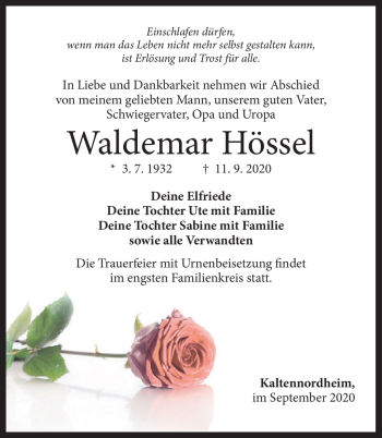 Traueranzeige von Waldemar Hössel von Südthüringer Presse