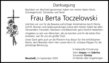 Traueranzeige von Berta Toczelowski von Neue Presse Coburg