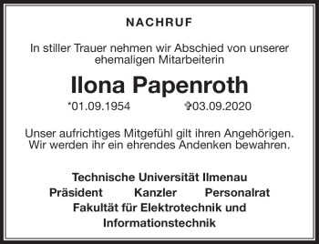 Traueranzeige von Ilona Papenroth von Südthüringer Presse
