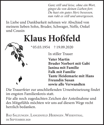 Traueranzeige von Klaus Hoßfeld von Südthüringer Presse