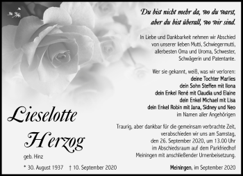 Traueranzeige von Lieselotte Herzog von Südthüringer Presse