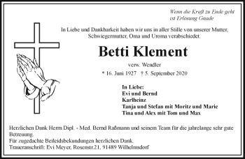 Traueranzeige von Betti Klement von Frankenpost