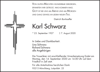Traueranzeige von Karl Schwarz von Frankenpost