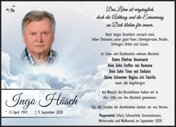 Traueranzeige von Ingo Hösch von Südthüringer Presse