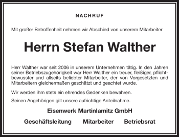 Traueranzeige von Stefan Walther von Frankenpost