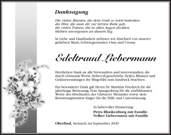 Traueranzeige von Edeltraud Liebermann von Südthüringer Presse