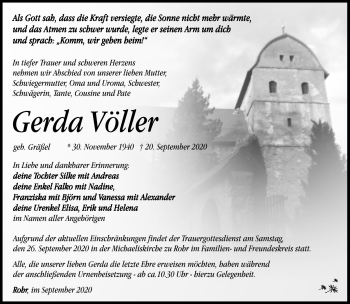 Traueranzeige von Gerda Völler von Südthüringer Presse