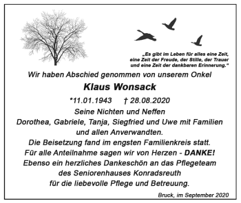 Traueranzeige von Klaus Wonsack von Frankenpost
