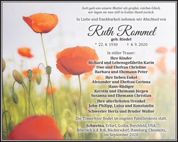 Traueranzeige von Ruth Rommel von Südthüringer Presse