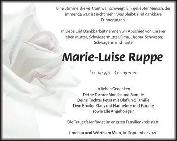 Traueranzeige von Marie Luise Ruppe von Südthüringer Presse