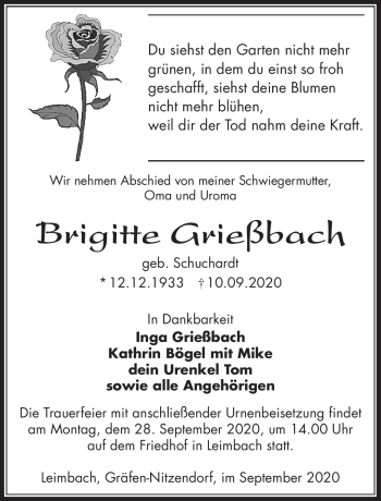 Traueranzeige von Brigitte Grießbach von Südthüringer Presse