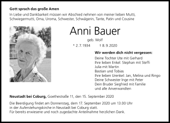 Traueranzeige von Anni Bauer von Neue Presse Coburg