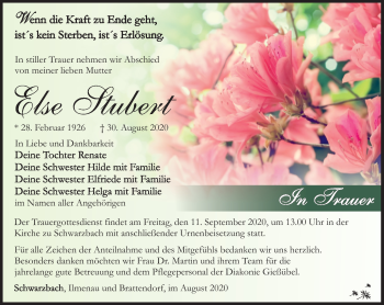 Traueranzeige von Else Stubert von Südthüringer Presse