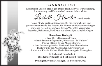 Traueranzeige von Liesbeth Häusler von Südthüringer Presse