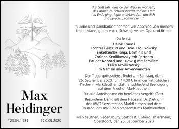 Traueranzeige von Max Heidinger von Frankenpost