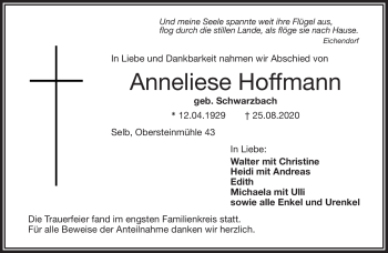 Traueranzeige von Anneliese Hoffmann von Frankenpost