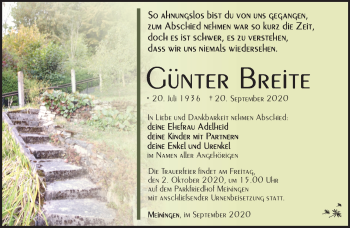 Traueranzeige von Günter Breite von Südthüringer Presse