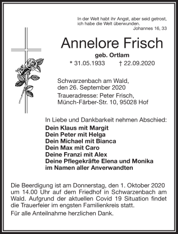 Traueranzeige von Annelore Frisch von Frankenpost