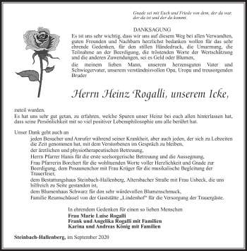Traueranzeige von Heinz Rogalli von Südthüringer Presse