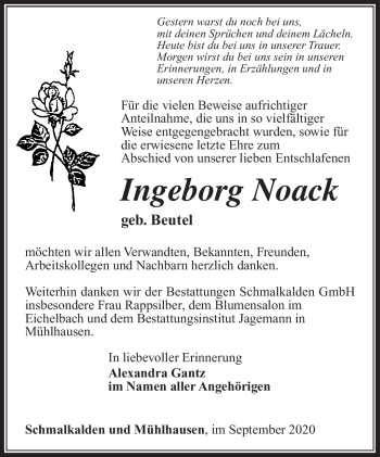 Traueranzeige von Ingeborg Noack von Südthüringer Presse