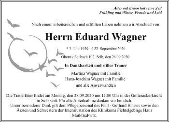 Traueranzeige von Eduard Wagner von Frankenpost
