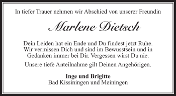 Traueranzeige von Marlene Dietsch von Südthüringer Presse
