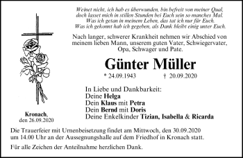 Traueranzeige von Günter Müller von Neue Presse Coburg