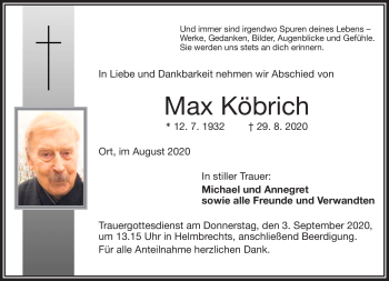 Traueranzeige von Max Köbrich von Frankenpost