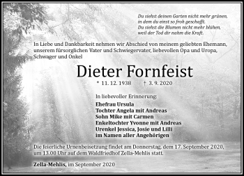 Traueranzeige von Dieter Fornfeist von Südthüringer Presse