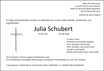 Traueranzeige von Julia Schubert von Frankenpost
