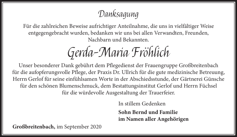  Traueranzeige für Gerda-Maria Fröhlich vom 26.09.2020 aus Südthüringer Presse