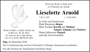 Traueranzeige von Lieselotte Arnold von Neue Presse Coburg