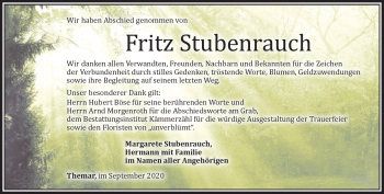 Traueranzeige von Fritz Stubenrauch von Südthüringer Presse