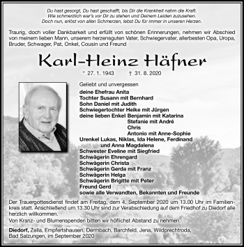 Traueranzeige von Karl-Heinz Häfner von Südthüringer Presse