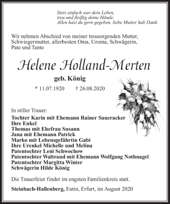 Traueranzeige von Helene Holland-Merten von Südthüringer Presse